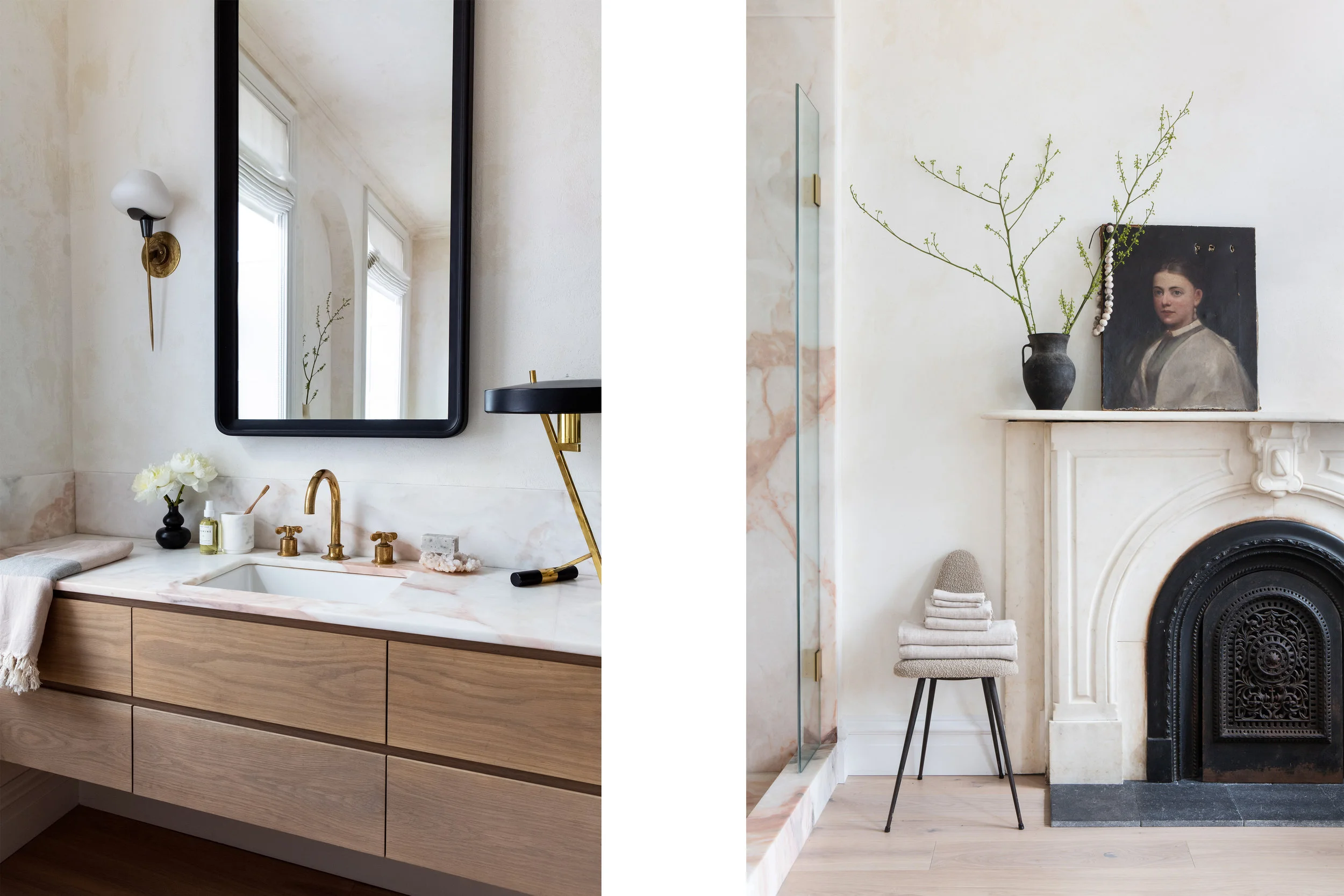 The bathroom details are split again: an oak vanity with brass tapware and a black-framed mirror on the left, and a pale stone fireplace with shower edge, slim chair, and portrait vignette on the right.