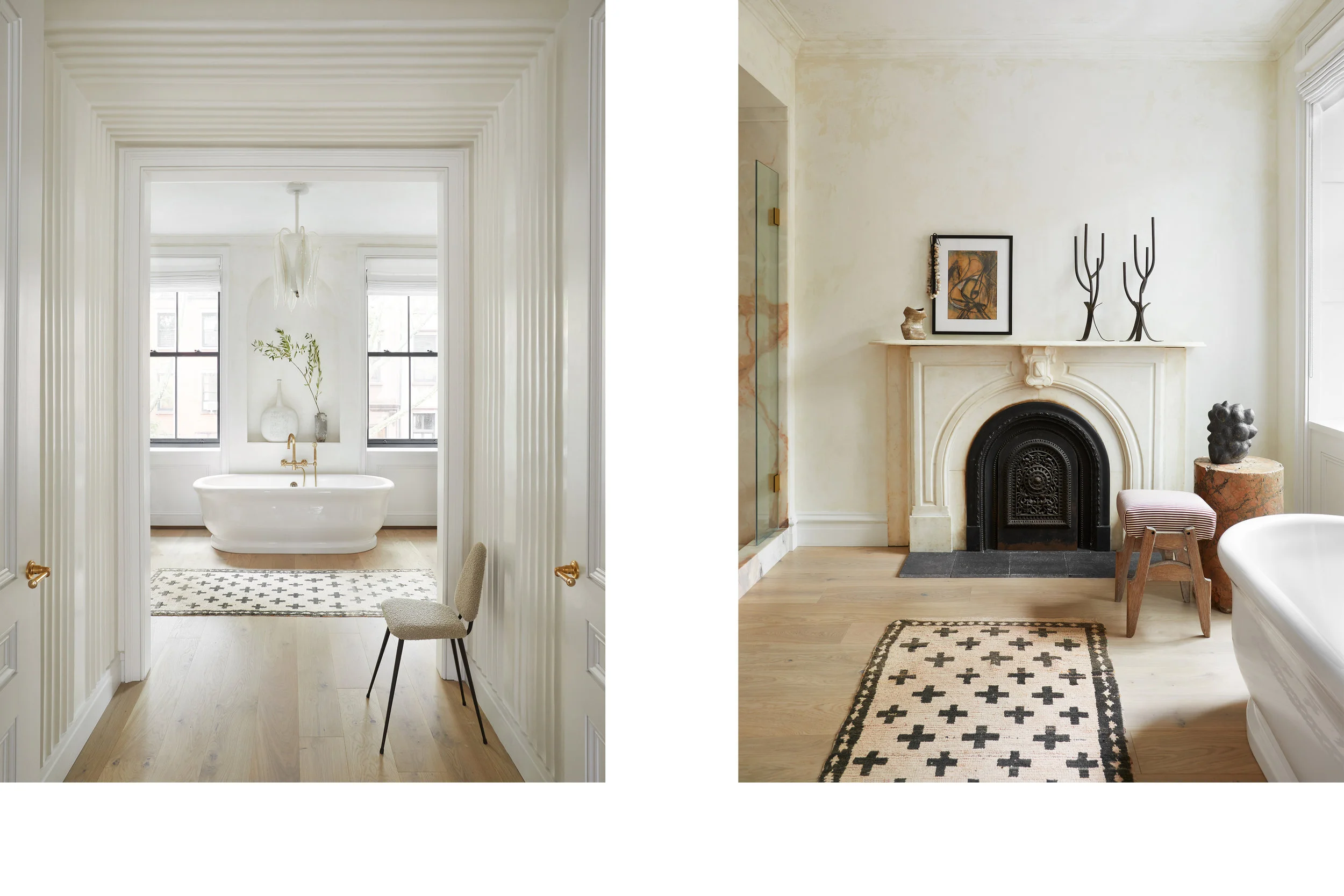 The primary bath sequence is shown in two frames: a long view to the freestanding tub through reeded wall paneling on the left, and a fireplace end of the room on the right with pale stone surround, black firebox insert, and cross-motif runner.