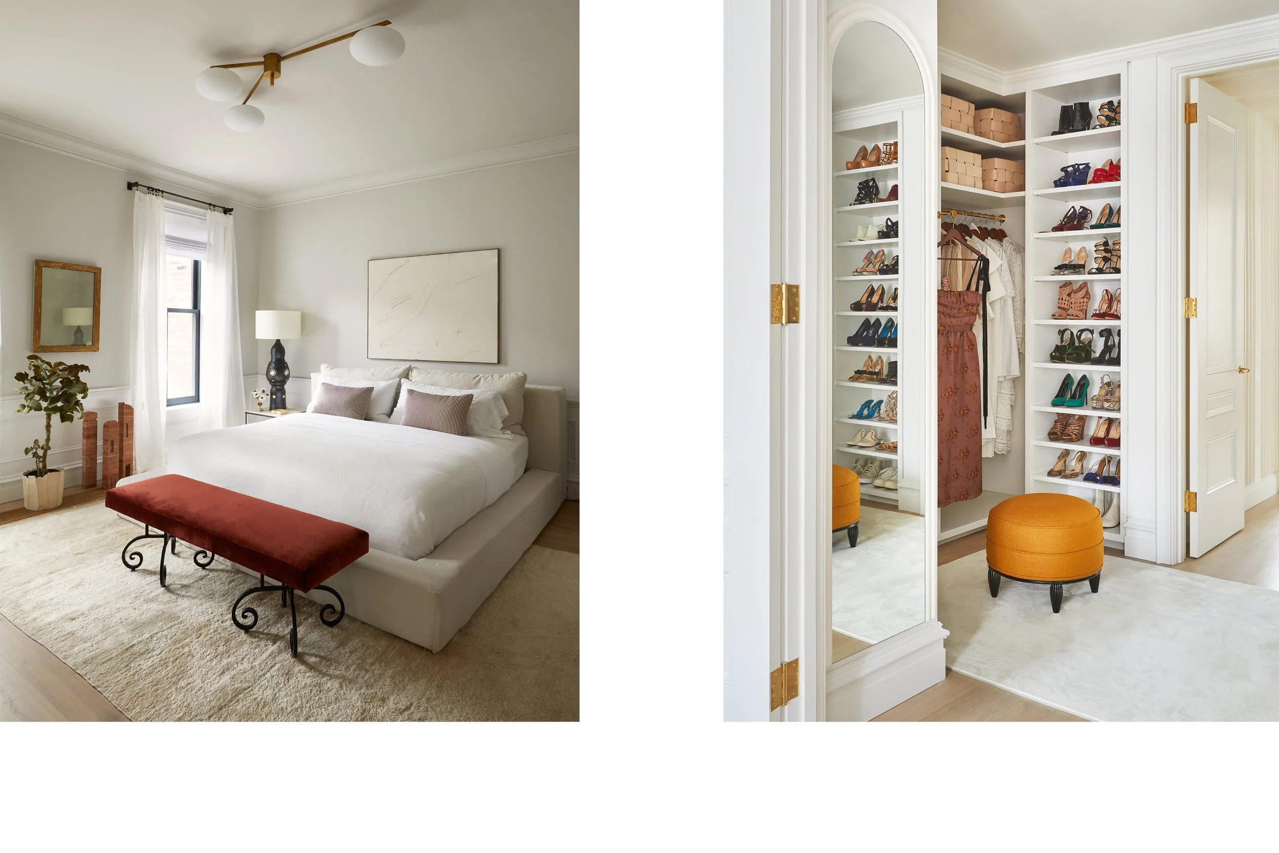 A split bedroom suite image shows a low upholstered bed with a rust velvet bench on the left and, on the right, a dressing room with built-in shoe shelving, an arched mirror, and a pair of orange ottomans.