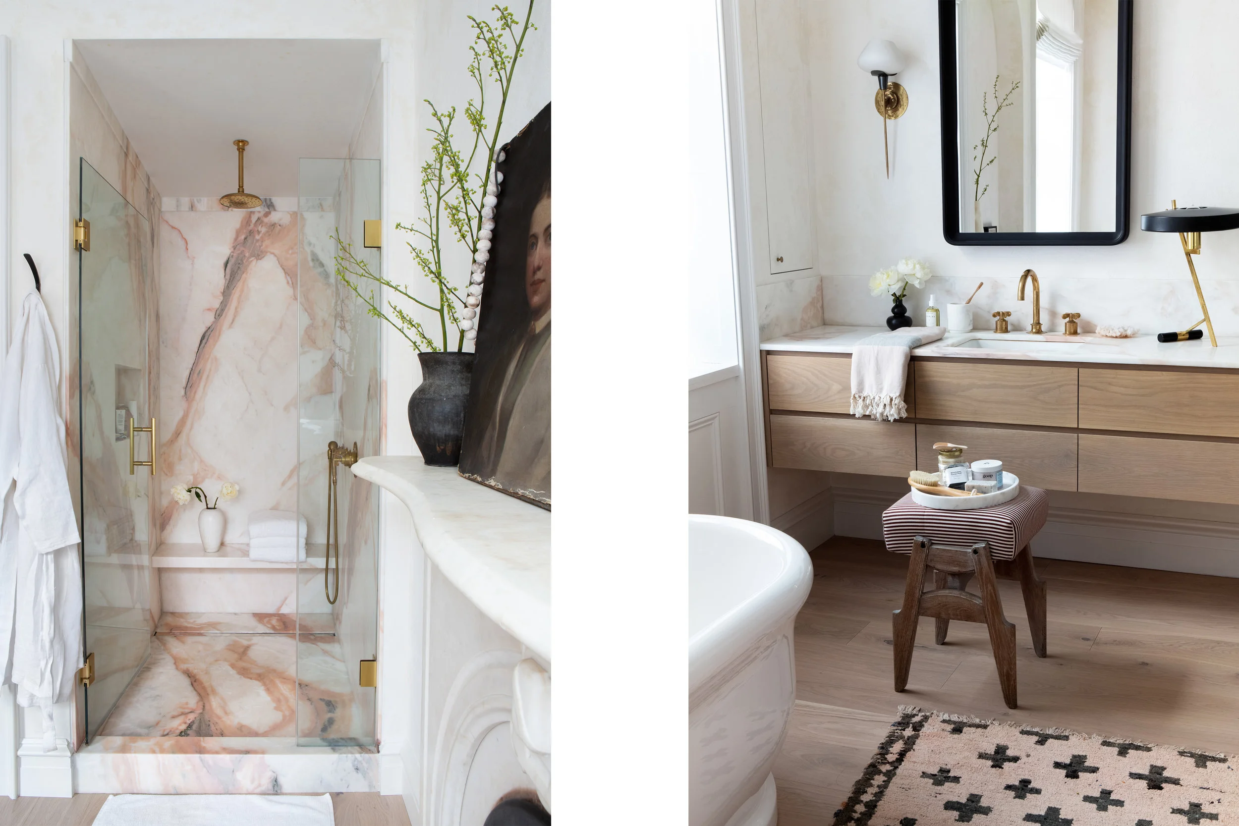 A final bathroom diptych shows the pink-veined stone slab shower and brass fixtures on the left, with the freestanding tub edge and oak vanity composition on the right.
