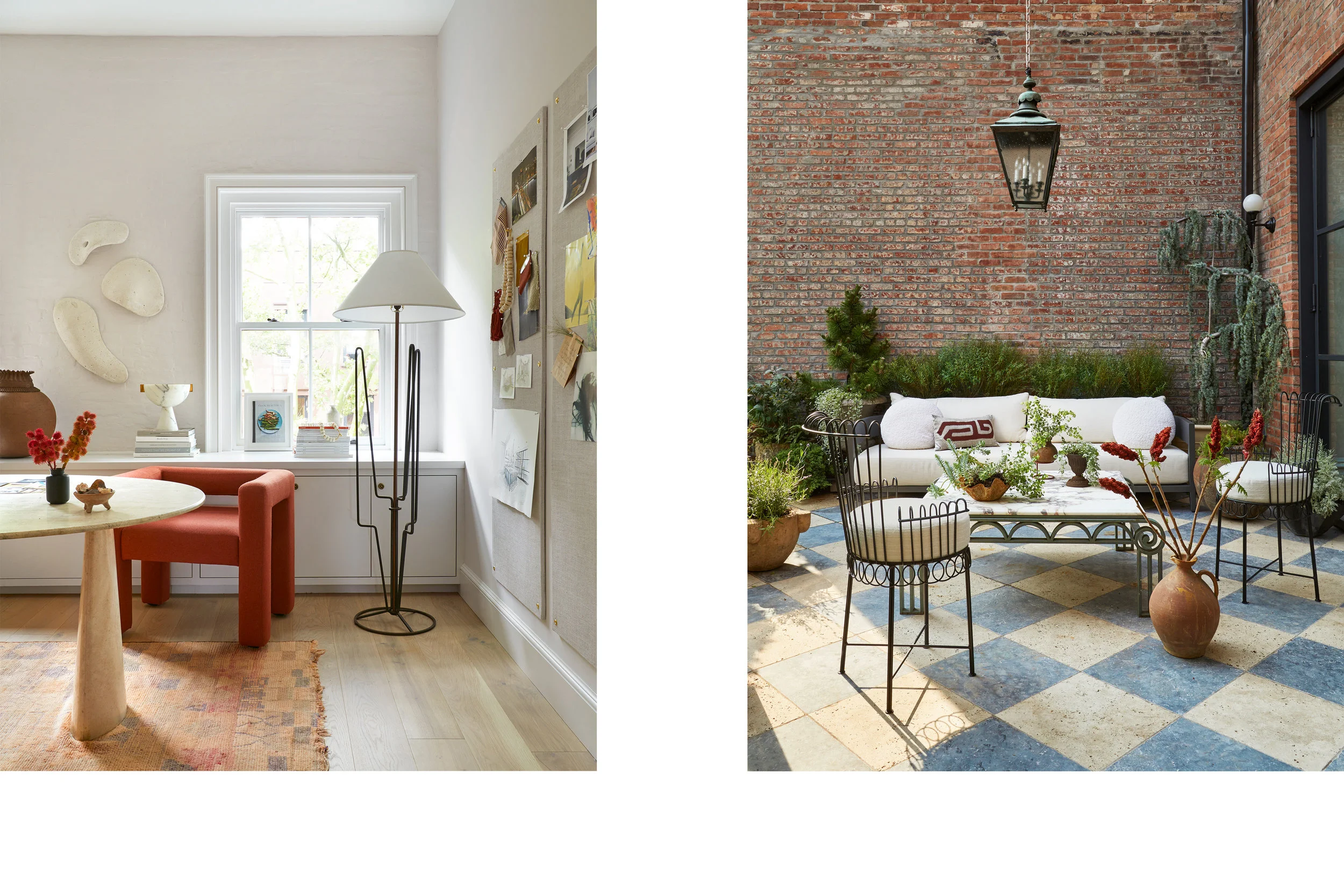 This split image pairs a home office corner with coral-red upholstered chairs and a stone pedestal table on the left, and a blue-and-cream checkerboard terrace with black wrought-iron seating against brick garden walls on the right.