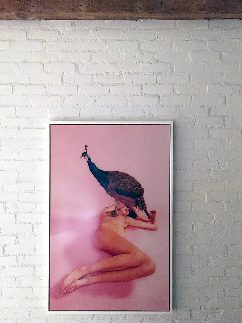 A framed pink artwork is mounted on painted brick beneath a heavy timber beam.